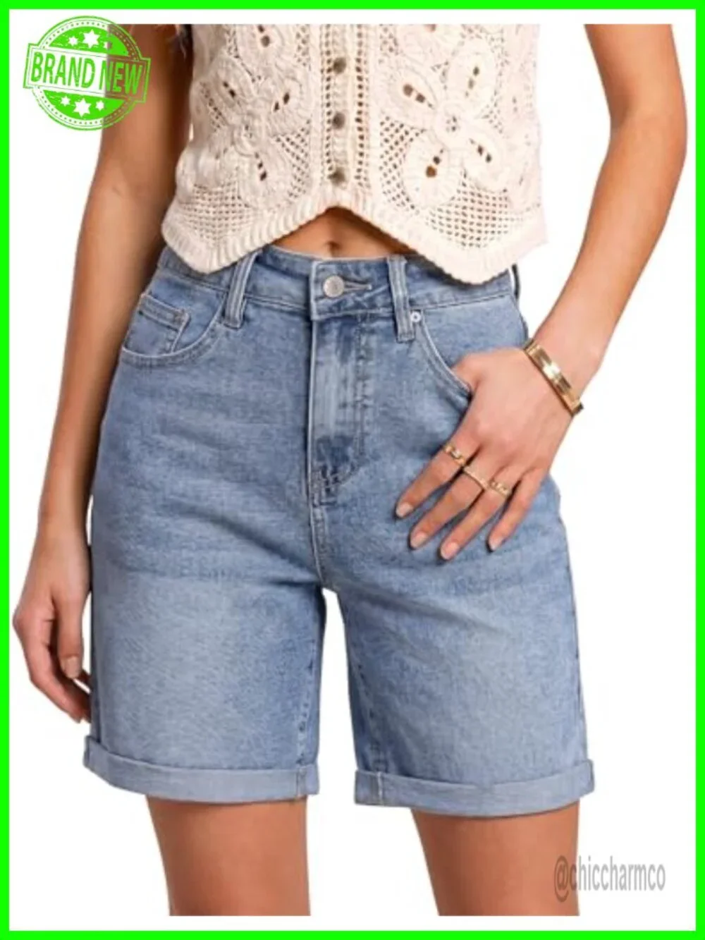 High Waisted Fold Hem Denim Shorts 7 Inch Inseam Stretchy Long Shorts - Picture 1 of 6